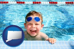 connecticut map icon and a boy in a swimming pool