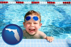 florida map icon and a boy in a swimming pool