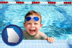 georgia map icon and a boy in a swimming pool