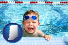 indiana map icon and a boy in a swimming pool