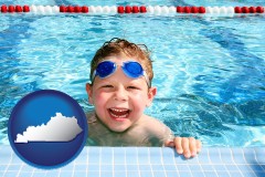 kentucky map icon and a boy in a swimming pool