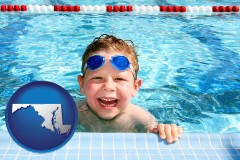 maryland map icon and a boy in a swimming pool