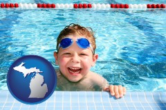 michigan map icon and a boy in a swimming pool