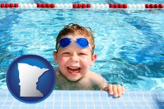 minnesota map icon and a boy in a swimming pool