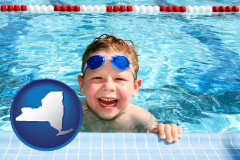 new-york map icon and a boy in a swimming pool