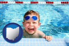 ohio map icon and a boy in a swimming pool