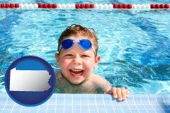 pennsylvania map icon and a boy in a swimming pool