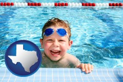 texas map icon and a boy in a swimming pool
