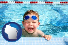 wisconsin map icon and a boy in a swimming pool