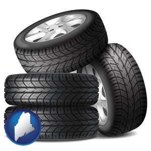 four tires with alloy wheels - with Maine icon