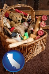 california map icon and vintage toys
